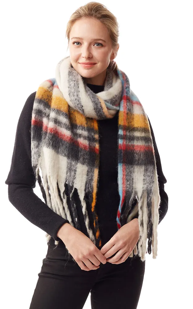 LOF1245 Fuzzy Knit Plaid Oblong Scarf w/Fringes