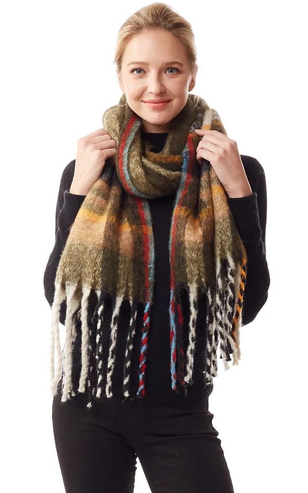 LOF1245 Fuzzy Knit Plaid Oblong Scarf w/Fringes