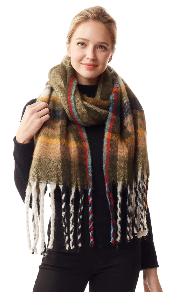 LOF1245 Fuzzy Knit Plaid Oblong Scarf w/Fringes