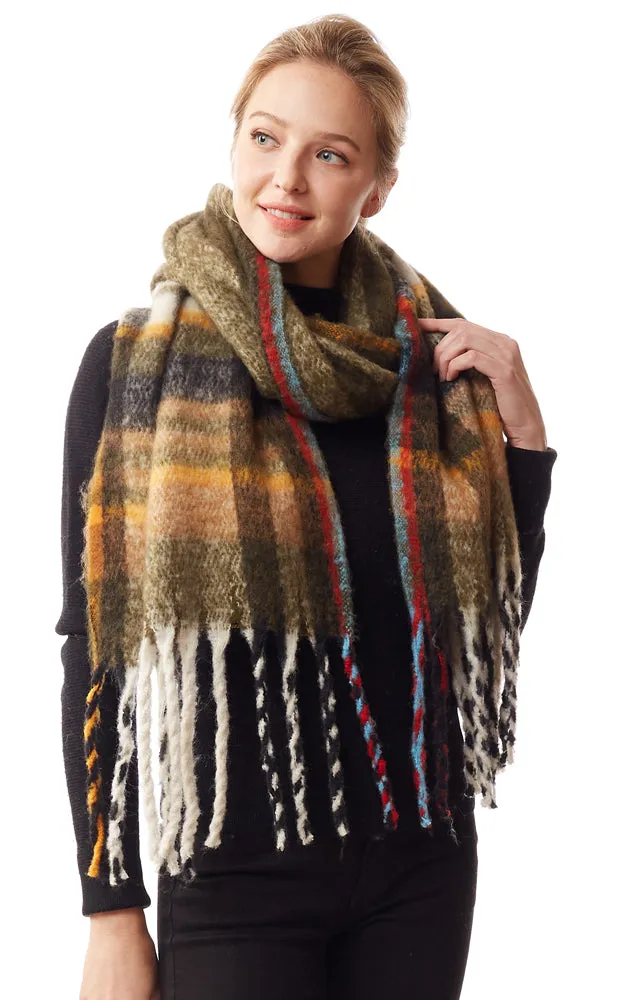 LOF1245 Fuzzy Knit Plaid Oblong Scarf w/Fringes