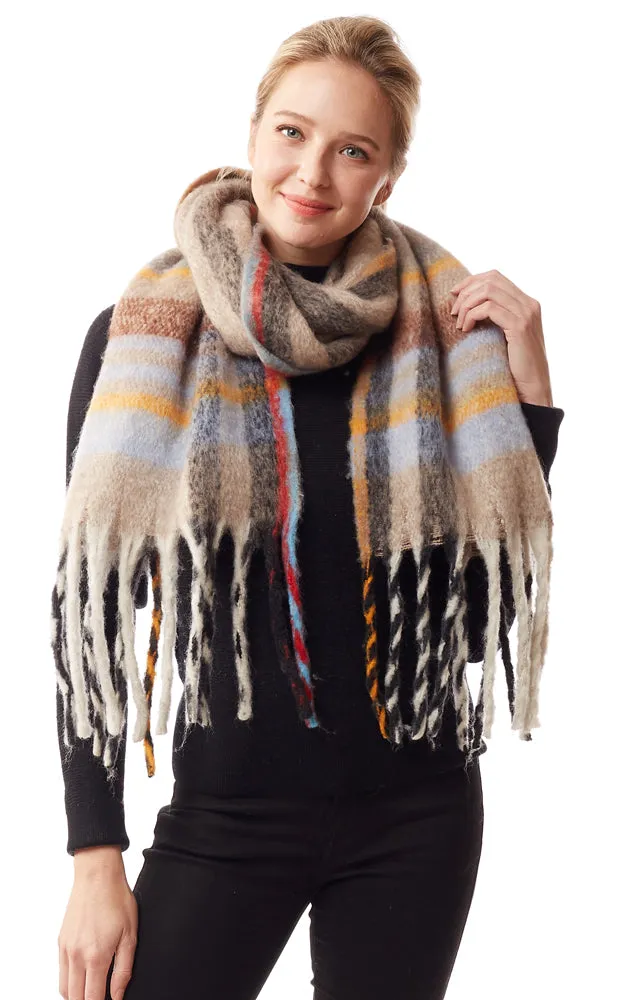 LOF1245 Fuzzy Knit Plaid Oblong Scarf w/Fringes