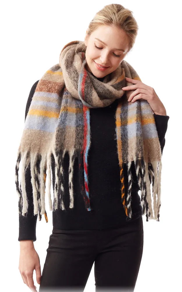 LOF1245 Fuzzy Knit Plaid Oblong Scarf w/Fringes