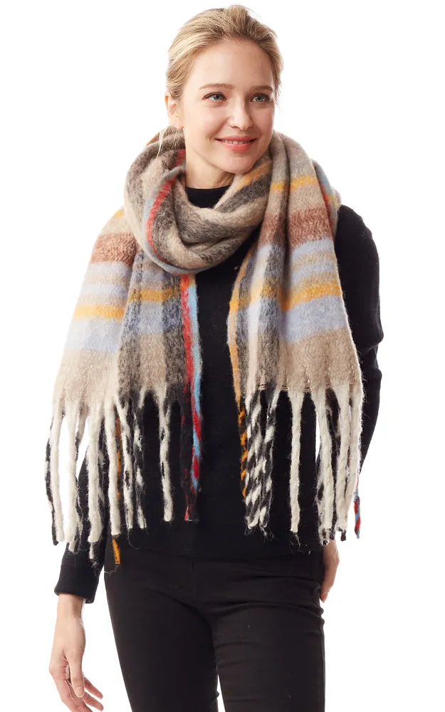 LOF1245 Fuzzy Knit Plaid Oblong Scarf w/Fringes