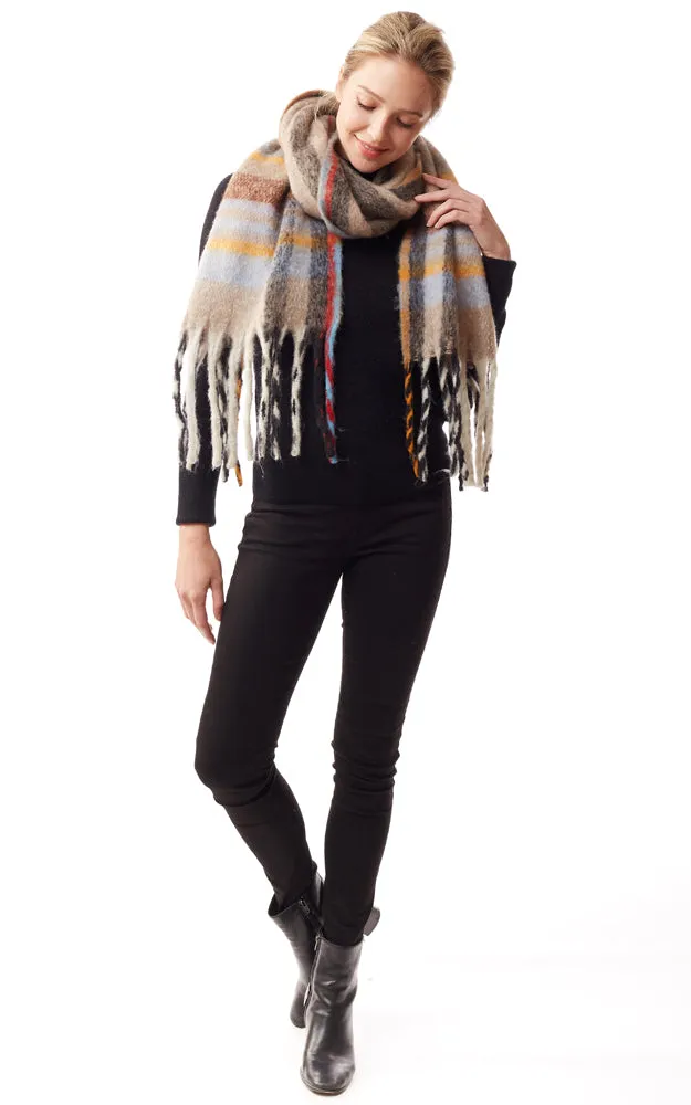 LOF1245 Fuzzy Knit Plaid Oblong Scarf w/Fringes