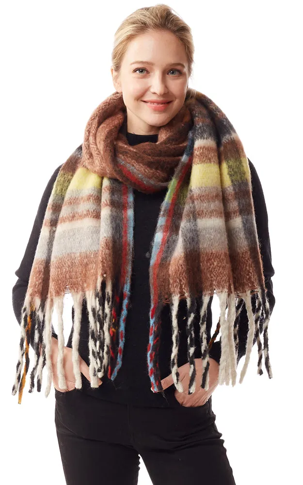 LOF1245 Fuzzy Knit Plaid Oblong Scarf w/Fringes