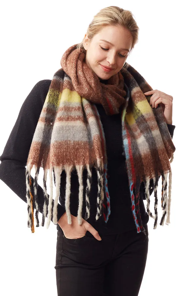 LOF1245 Fuzzy Knit Plaid Oblong Scarf w/Fringes