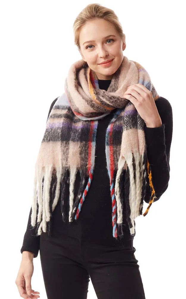 LOF1245 Fuzzy Knit Plaid Oblong Scarf w/Fringes