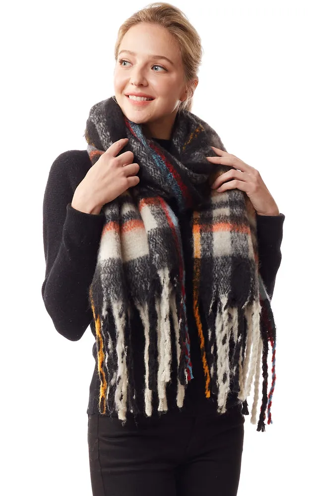 LOF1245 Fuzzy Knit Plaid Oblong Scarf w/Fringes