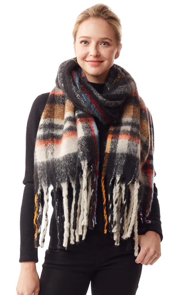 LOF1245 Fuzzy Knit Plaid Oblong Scarf w/Fringes