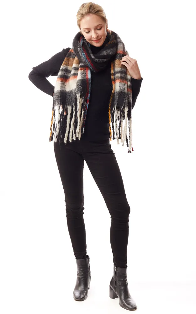 LOF1245 Fuzzy Knit Plaid Oblong Scarf w/Fringes