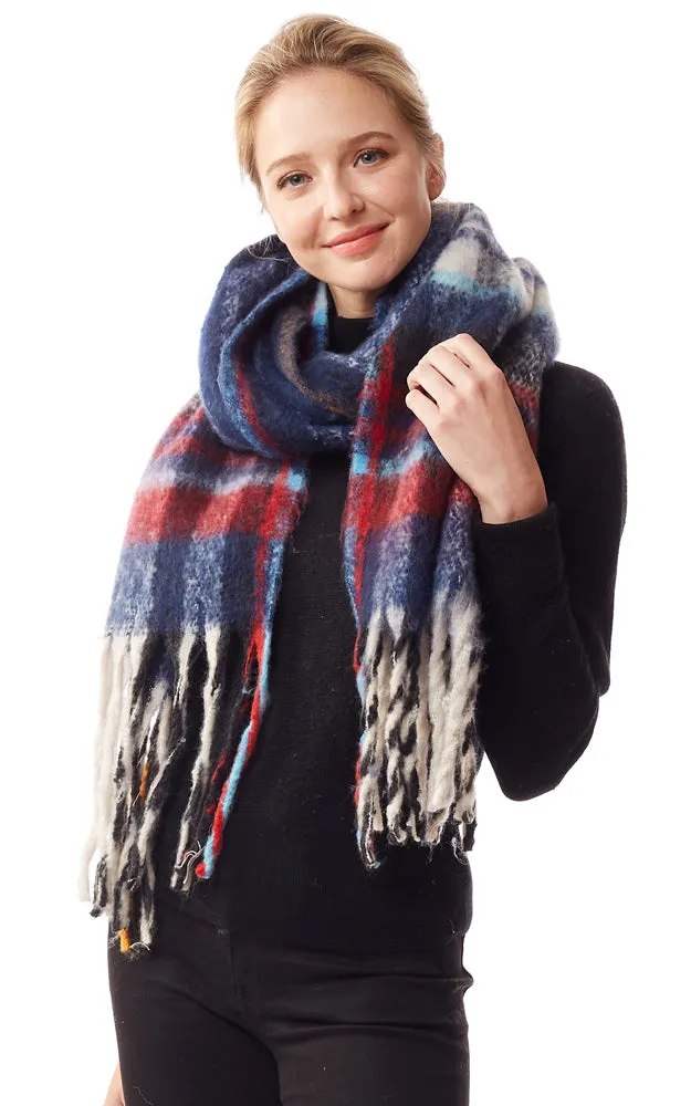 LOF1245 Fuzzy Knit Plaid Oblong Scarf w/Fringes