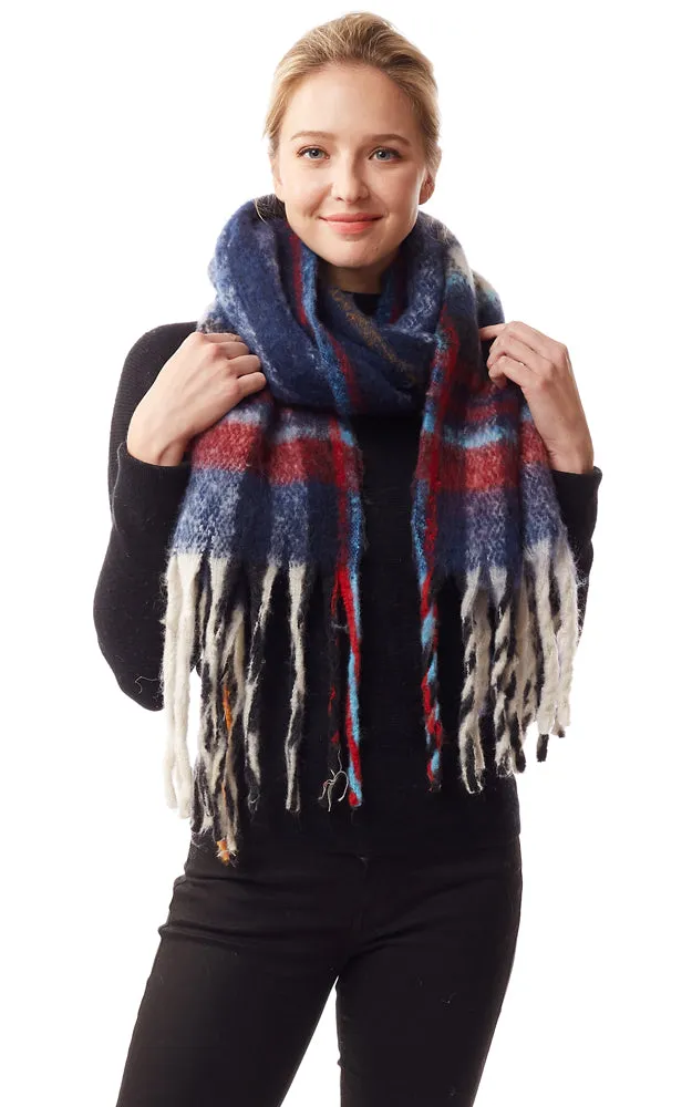 LOF1245 Fuzzy Knit Plaid Oblong Scarf w/Fringes