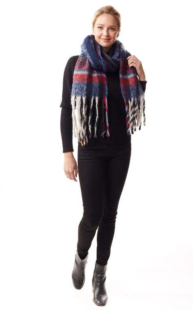 LOF1245 Fuzzy Knit Plaid Oblong Scarf w/Fringes