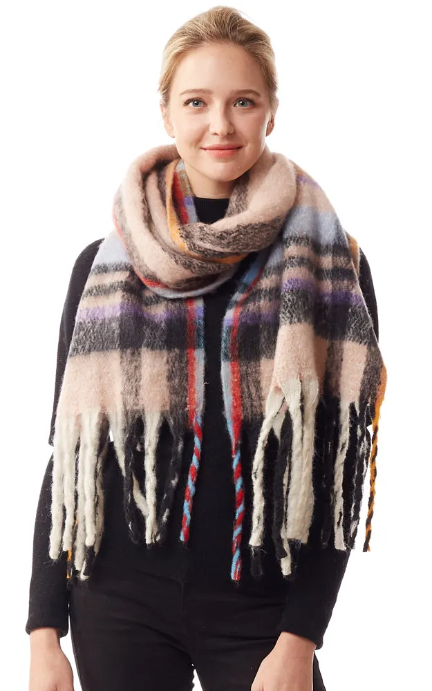 LOF1245 Fuzzy Knit Plaid Oblong Scarf w/Fringes