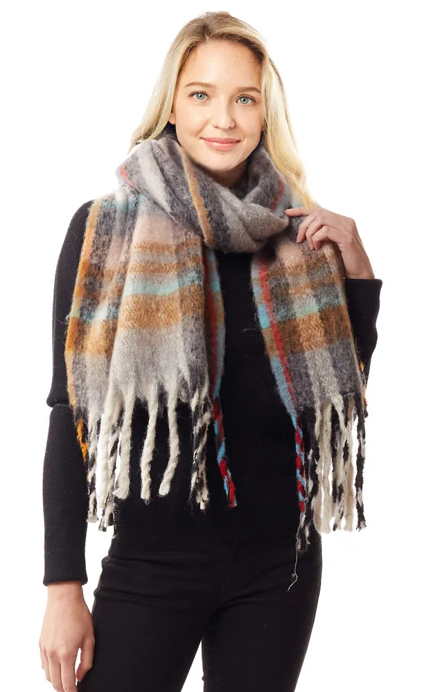 LOF1245 Fuzzy Knit Plaid Oblong Scarf w/Fringes