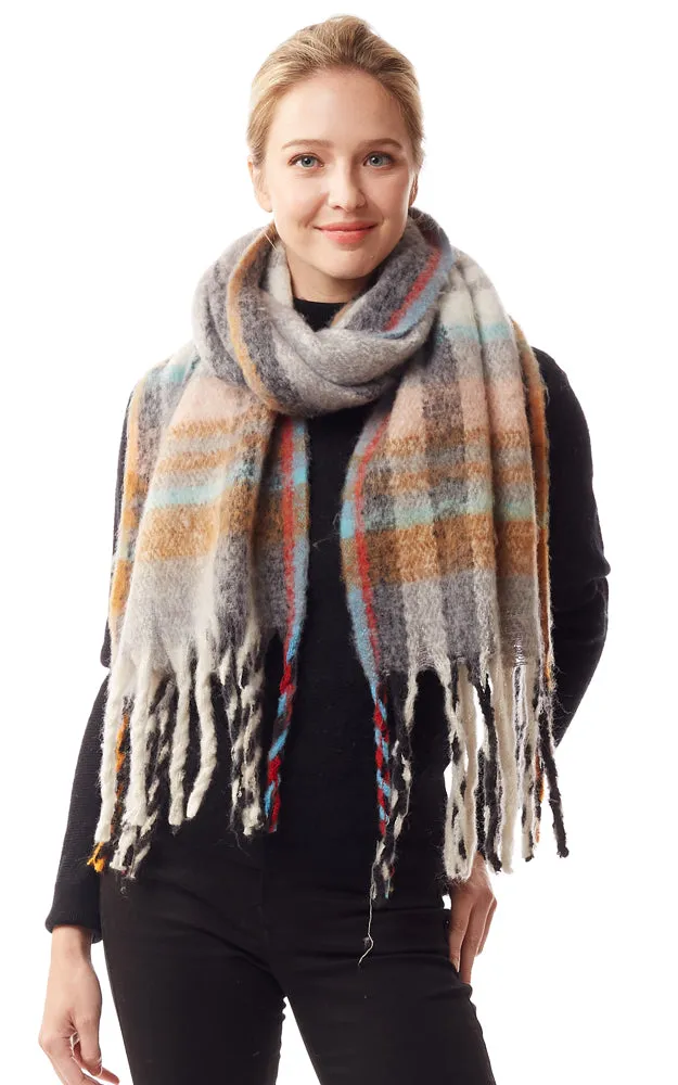 LOF1245 Fuzzy Knit Plaid Oblong Scarf w/Fringes