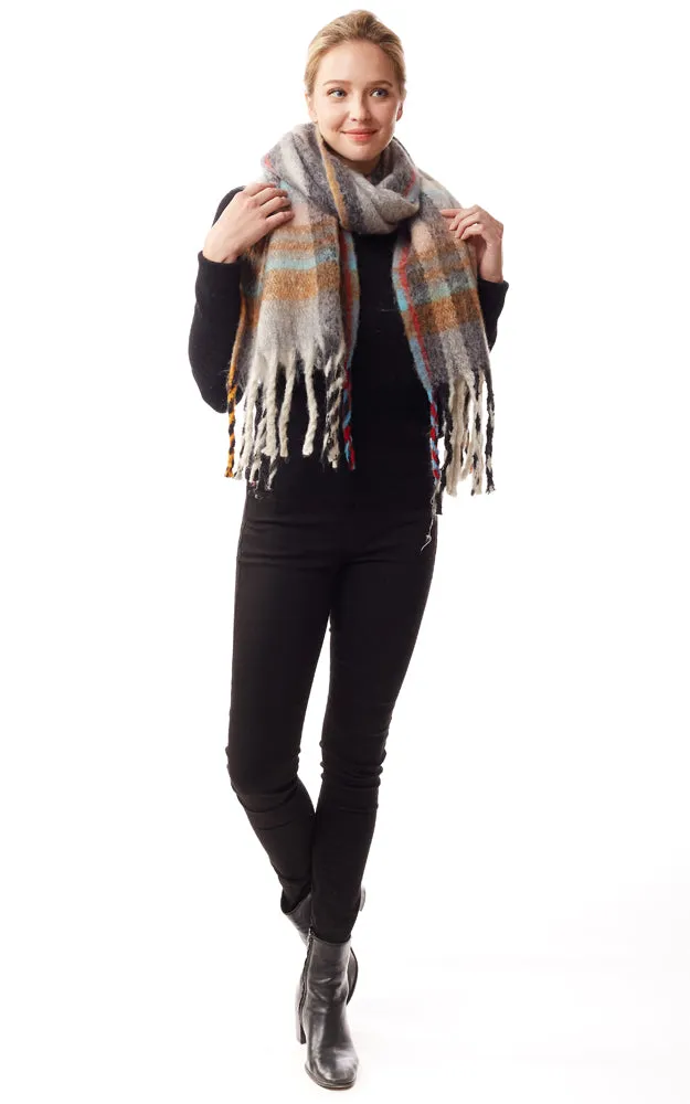 LOF1245 Fuzzy Knit Plaid Oblong Scarf w/Fringes