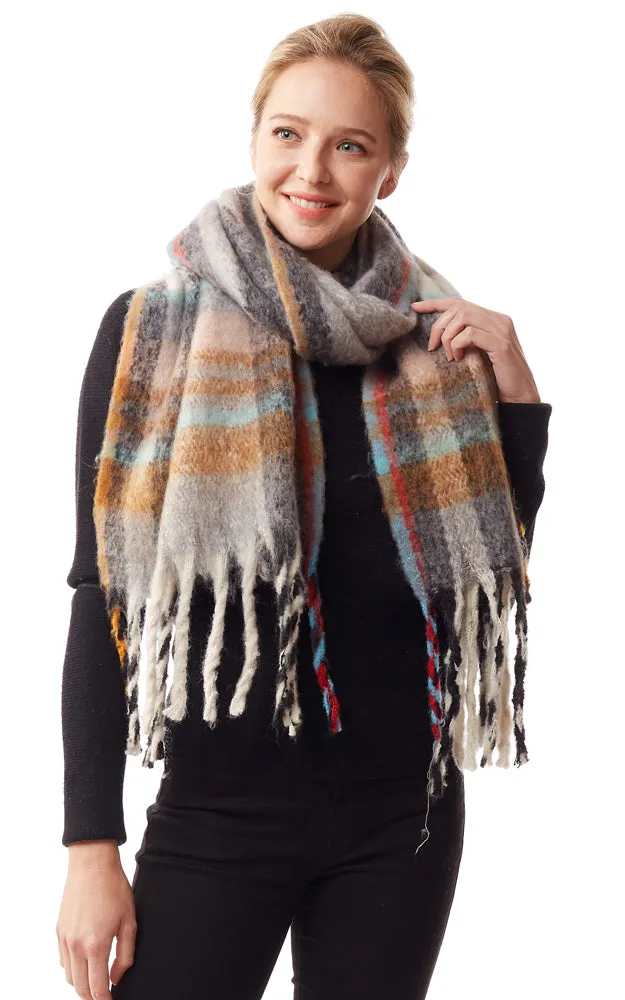 LOF1245 Fuzzy Knit Plaid Oblong Scarf w/Fringes