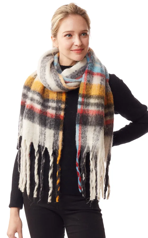 LOF1245 Fuzzy Knit Plaid Oblong Scarf w/Fringes