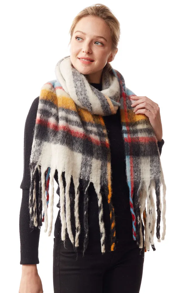 LOF1245 Fuzzy Knit Plaid Oblong Scarf w/Fringes