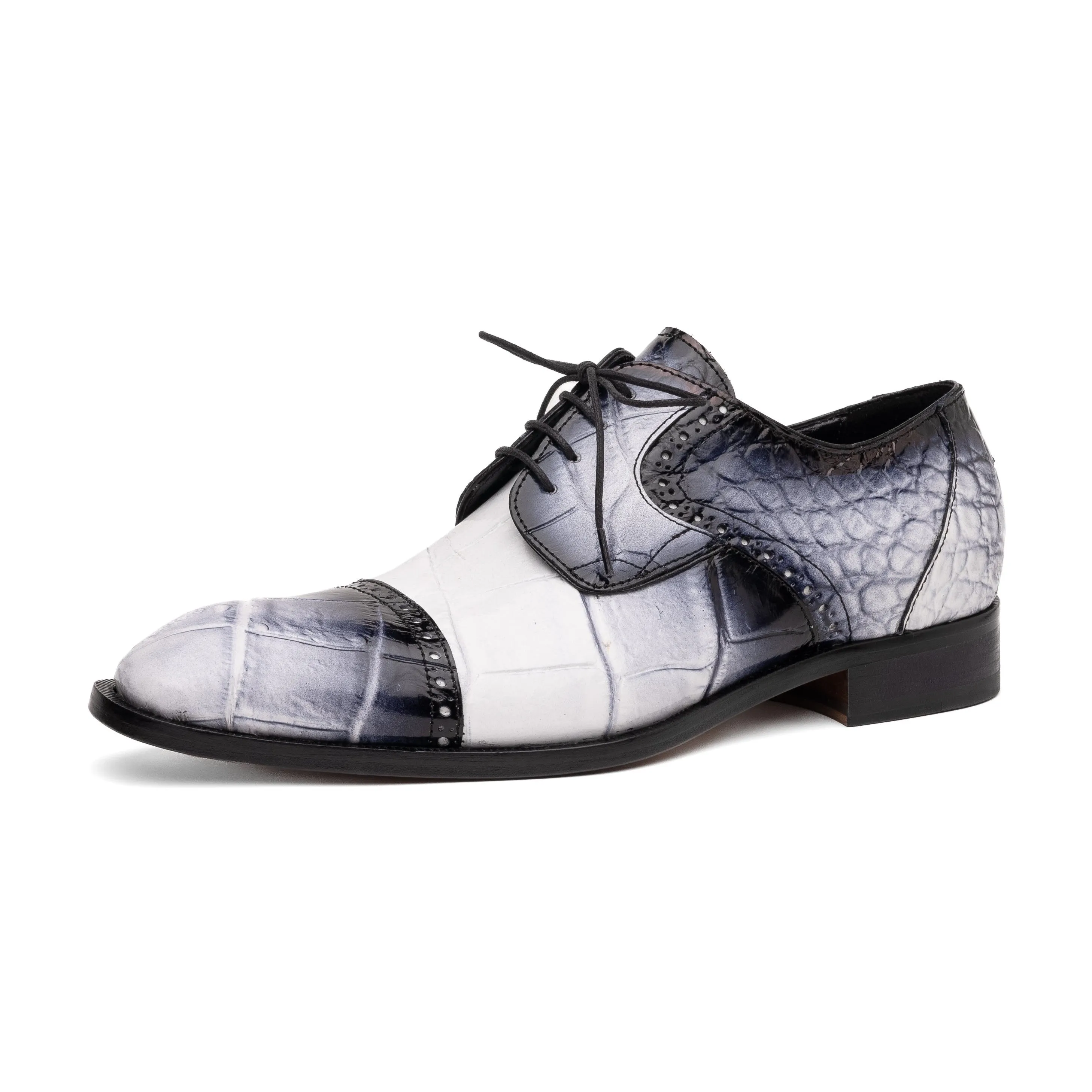 Mauri Flawless 1087/2 Men's Shoes White with Black Finish Exotic Alligator Cap-Toe Derby Oxfords (MA5598)