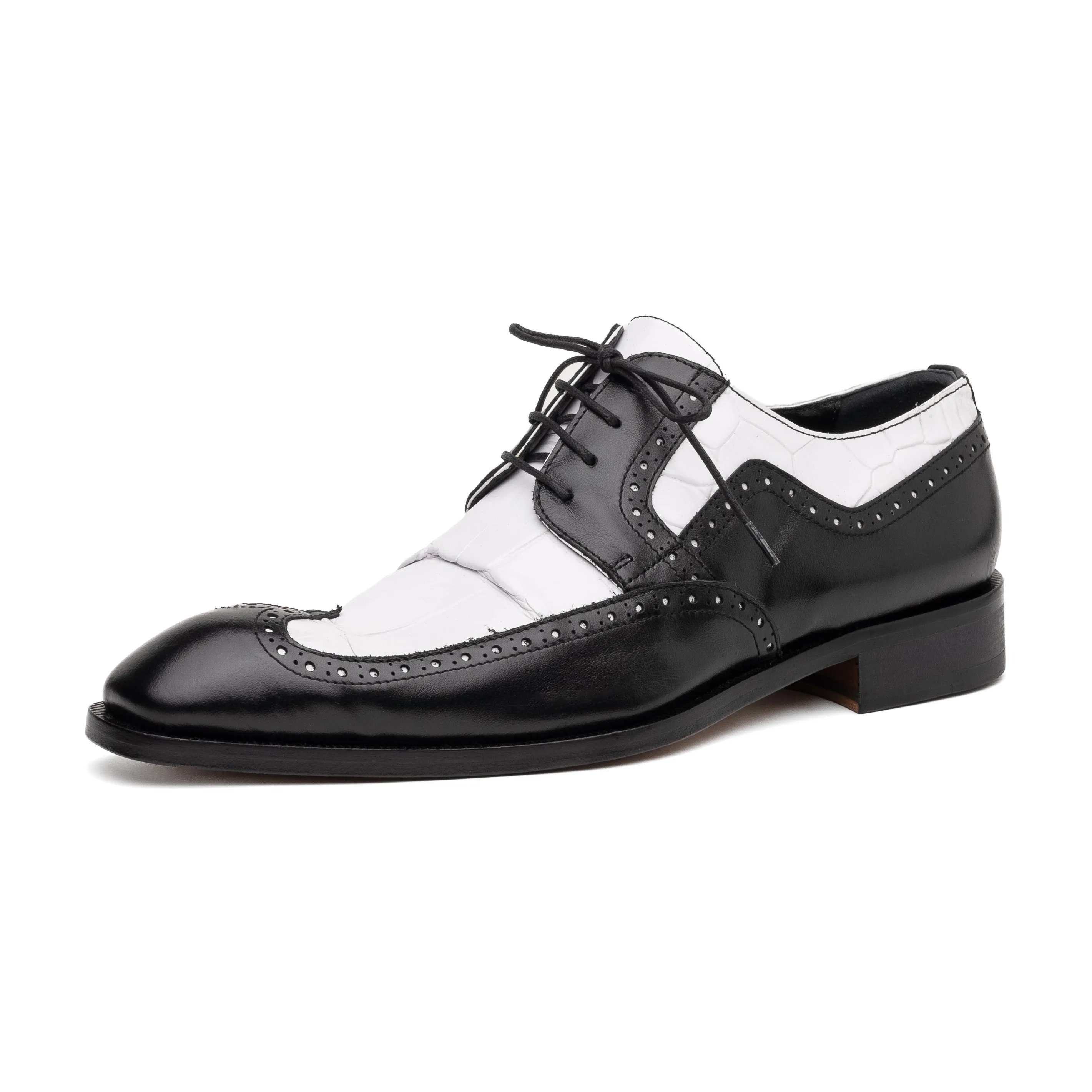 Mauri Goodfella 3258 Men's Shoes Black & White Exotic Alligator / Calf-Skin Leather Wing-tip Derby Oxfords (MA5600)