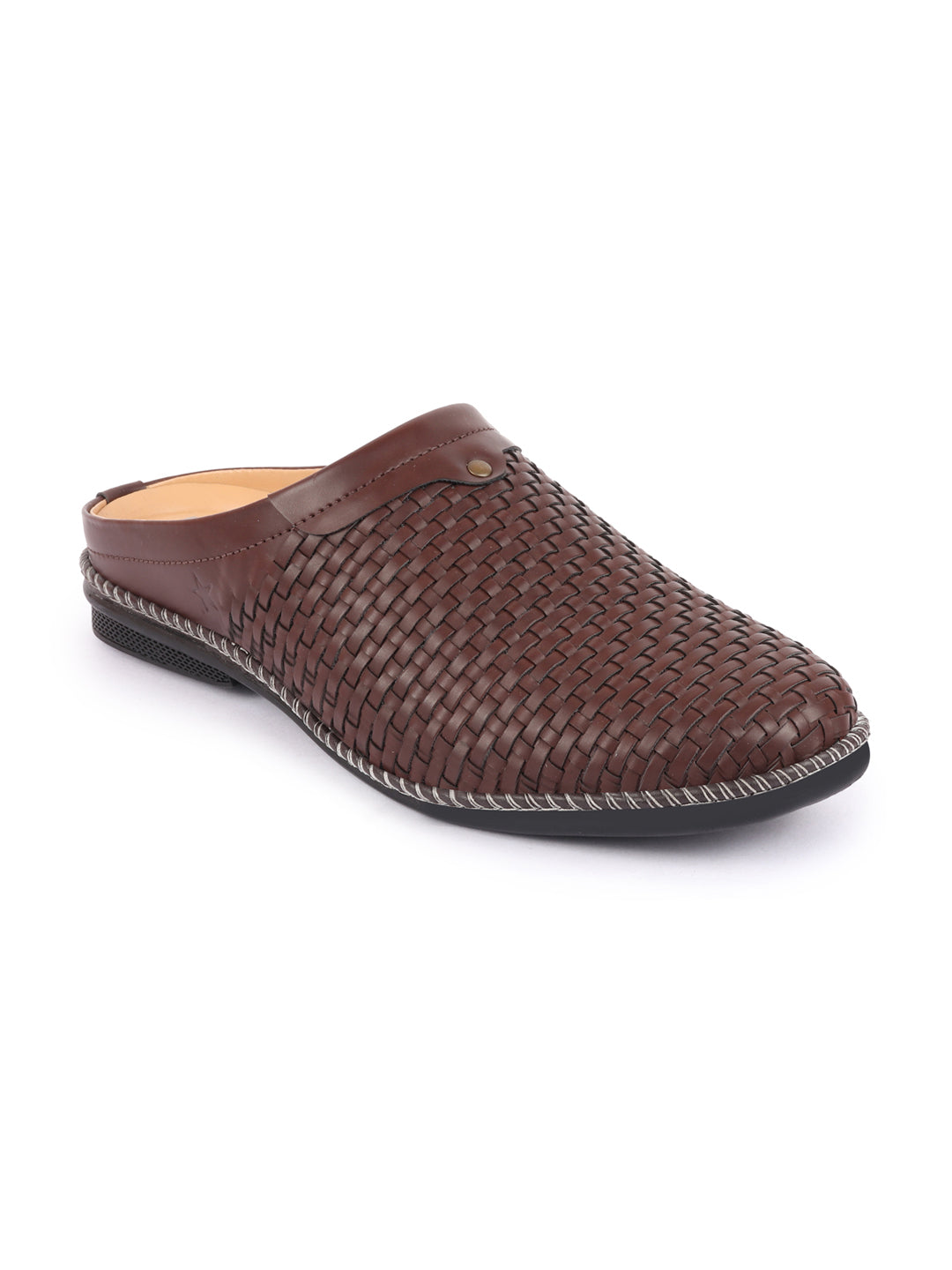 Men Brown Back Open Knit Design Stitched Ethnic Casual Mules