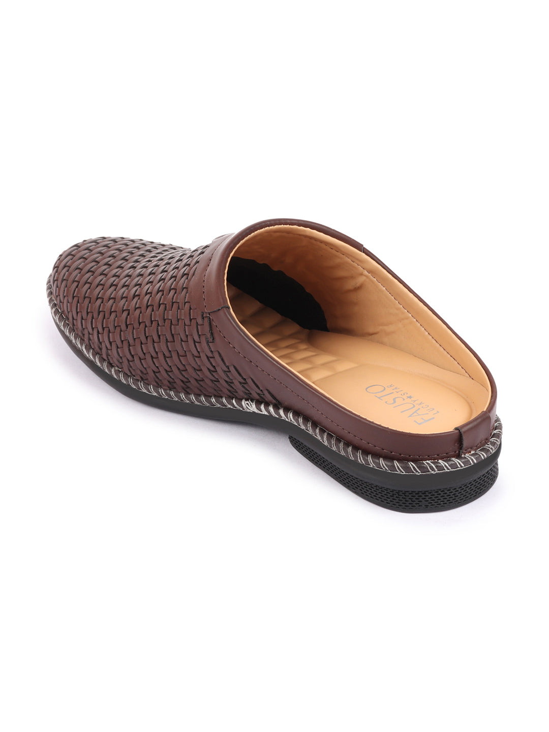 Men Brown Back Open Knit Design Stitched Ethnic Casual Mules