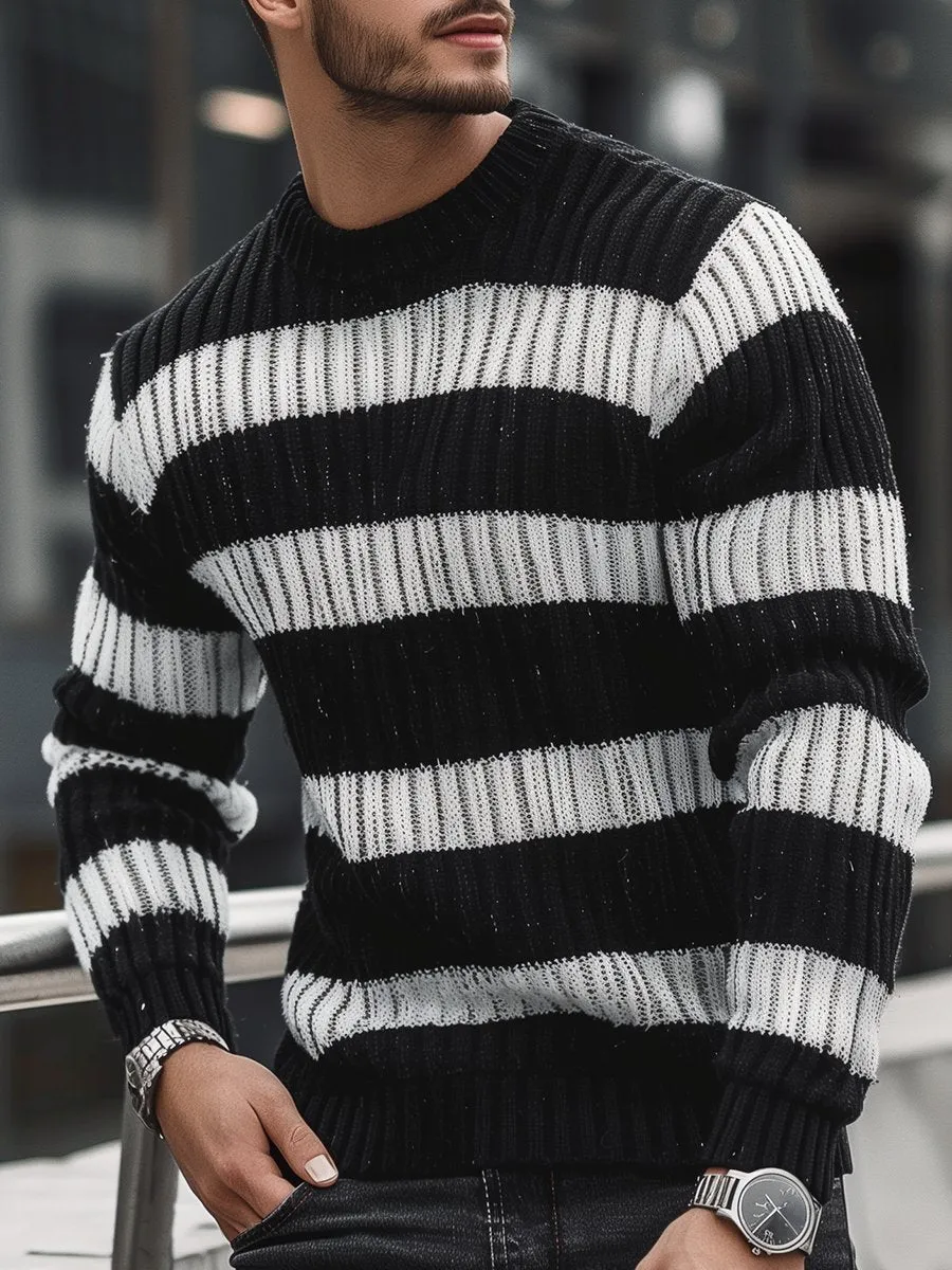 Men's Casual Wide Stripe Crew Neck Sweater