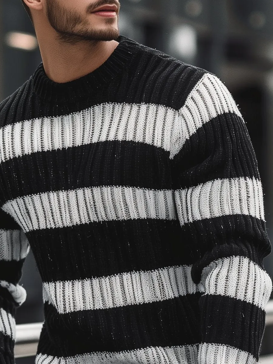 Men's Casual Wide Stripe Crew Neck Sweater