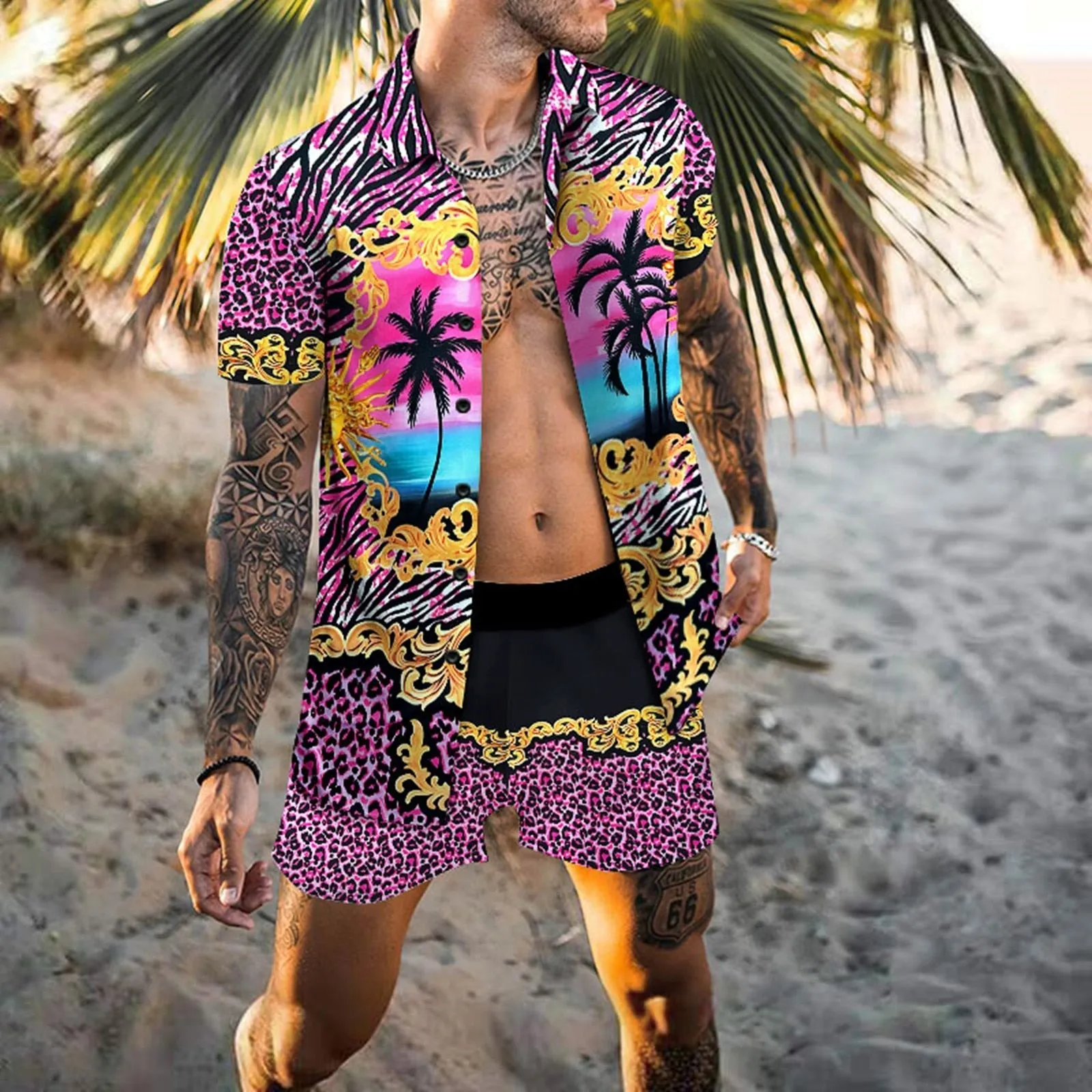 Men's Hawaiian Printed Shirt Elastic Waist Shorts Beachwear Two-Piece Set