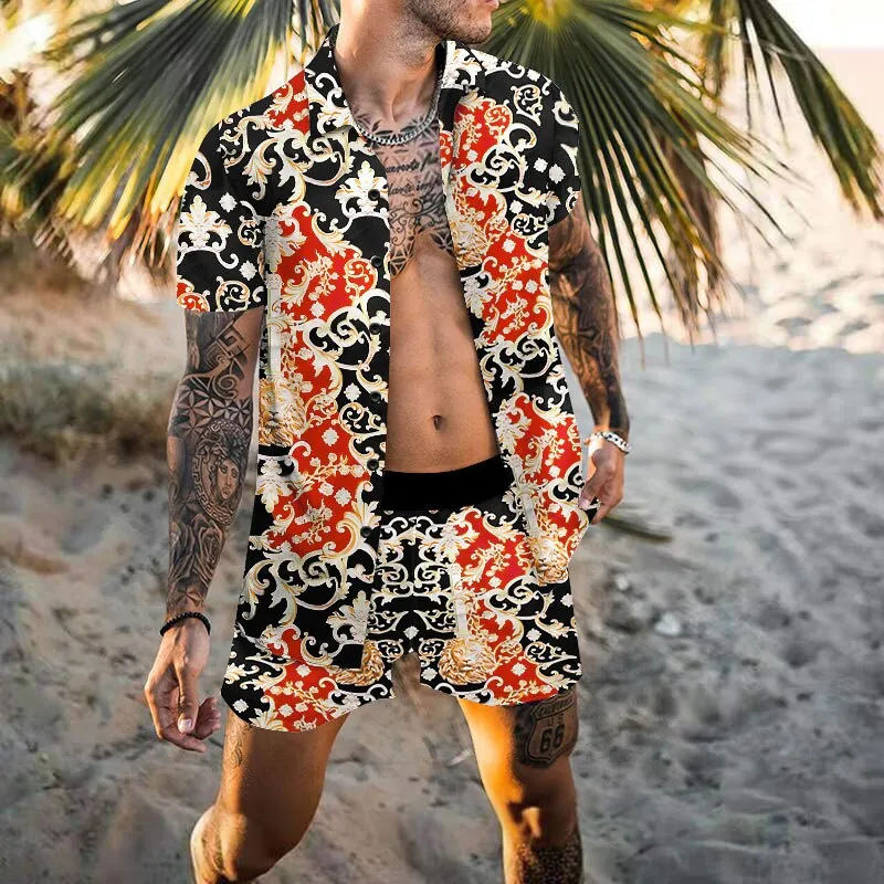 Men's Hawaiian Printed Shirt Elastic Waist Shorts Beachwear Two-Piece Set