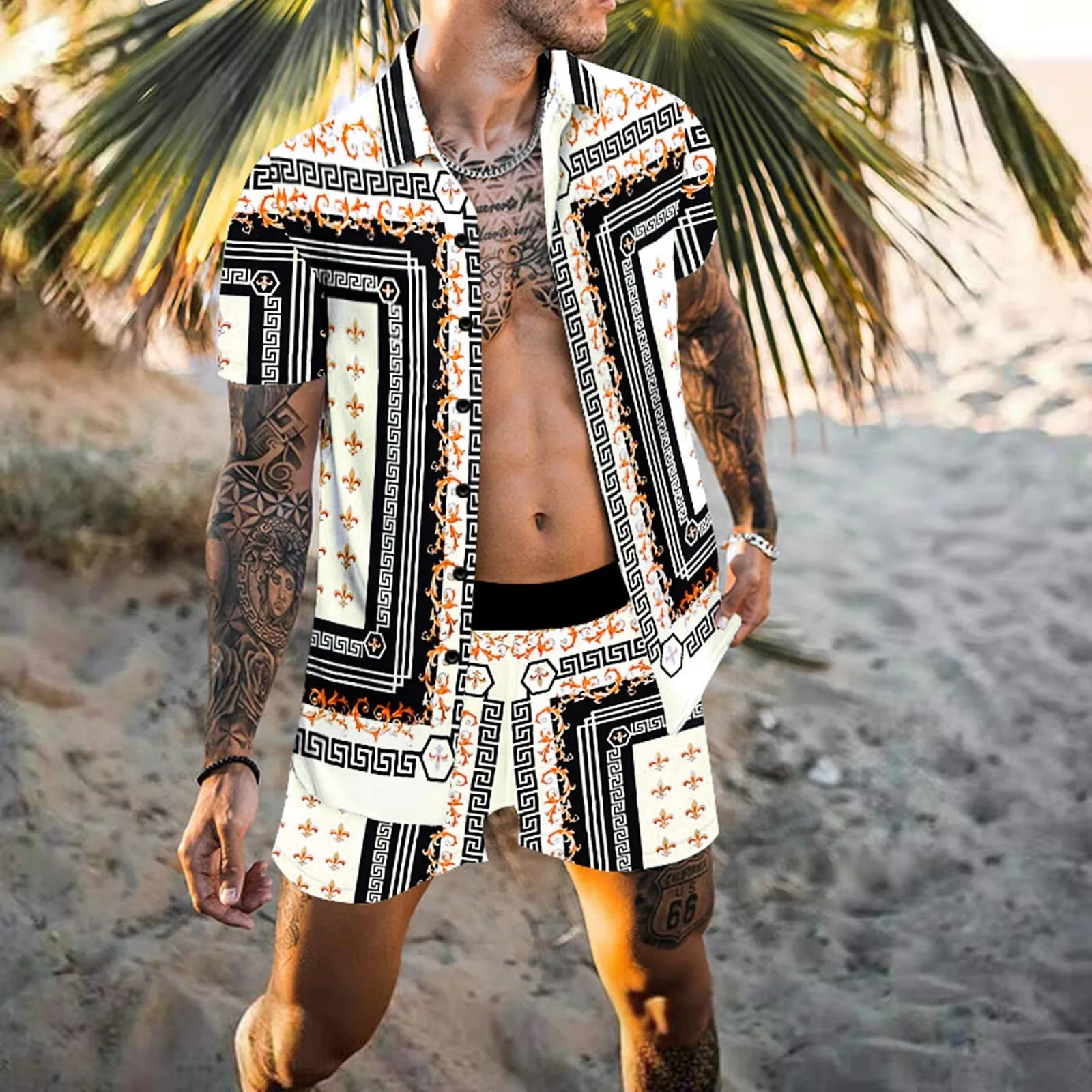 Men's Hawaiian Printed Shirt Elastic Waist Shorts Beachwear Two-Piece Set