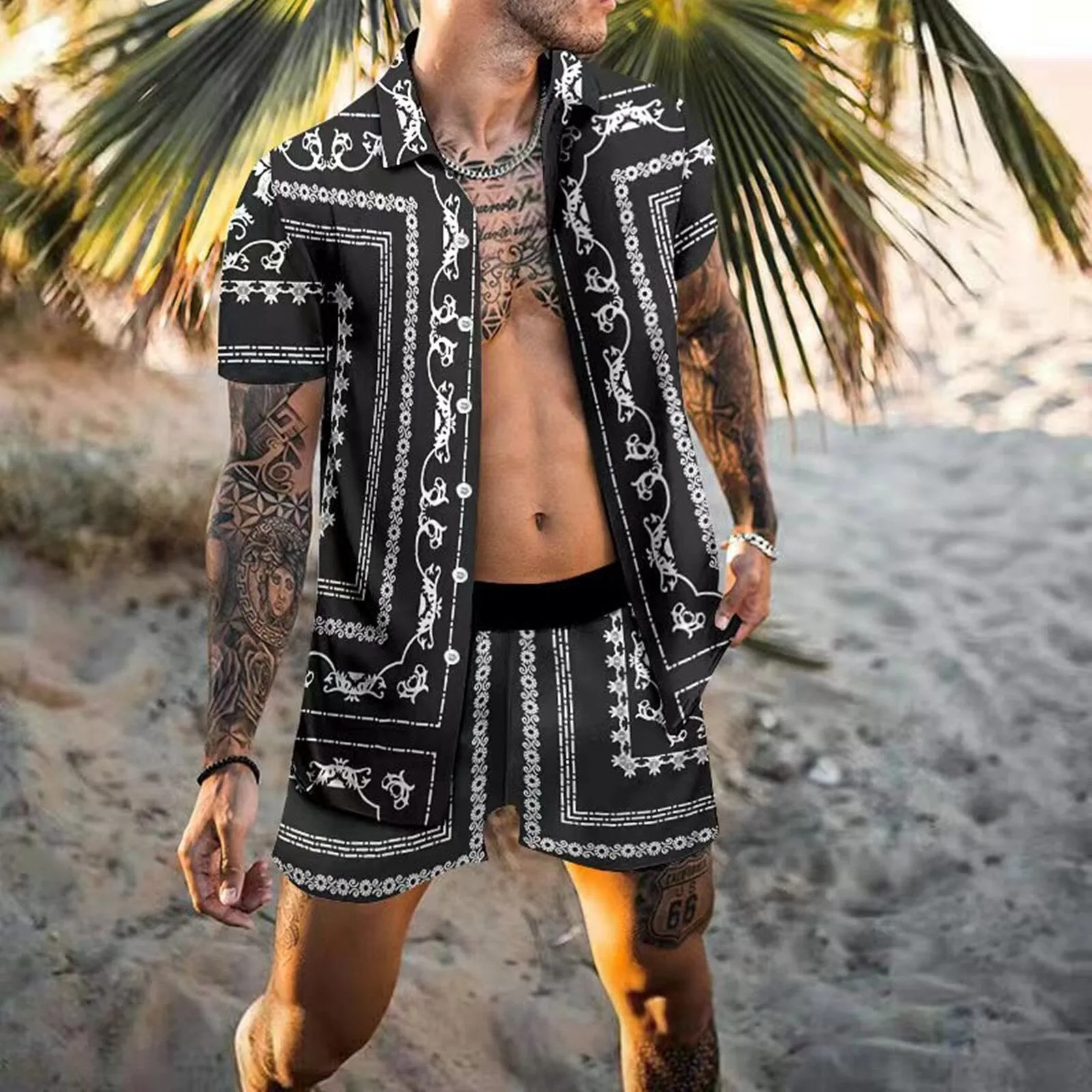 Men's Hawaiian Printed Shirt Elastic Waist Shorts Beachwear Two-Piece Set