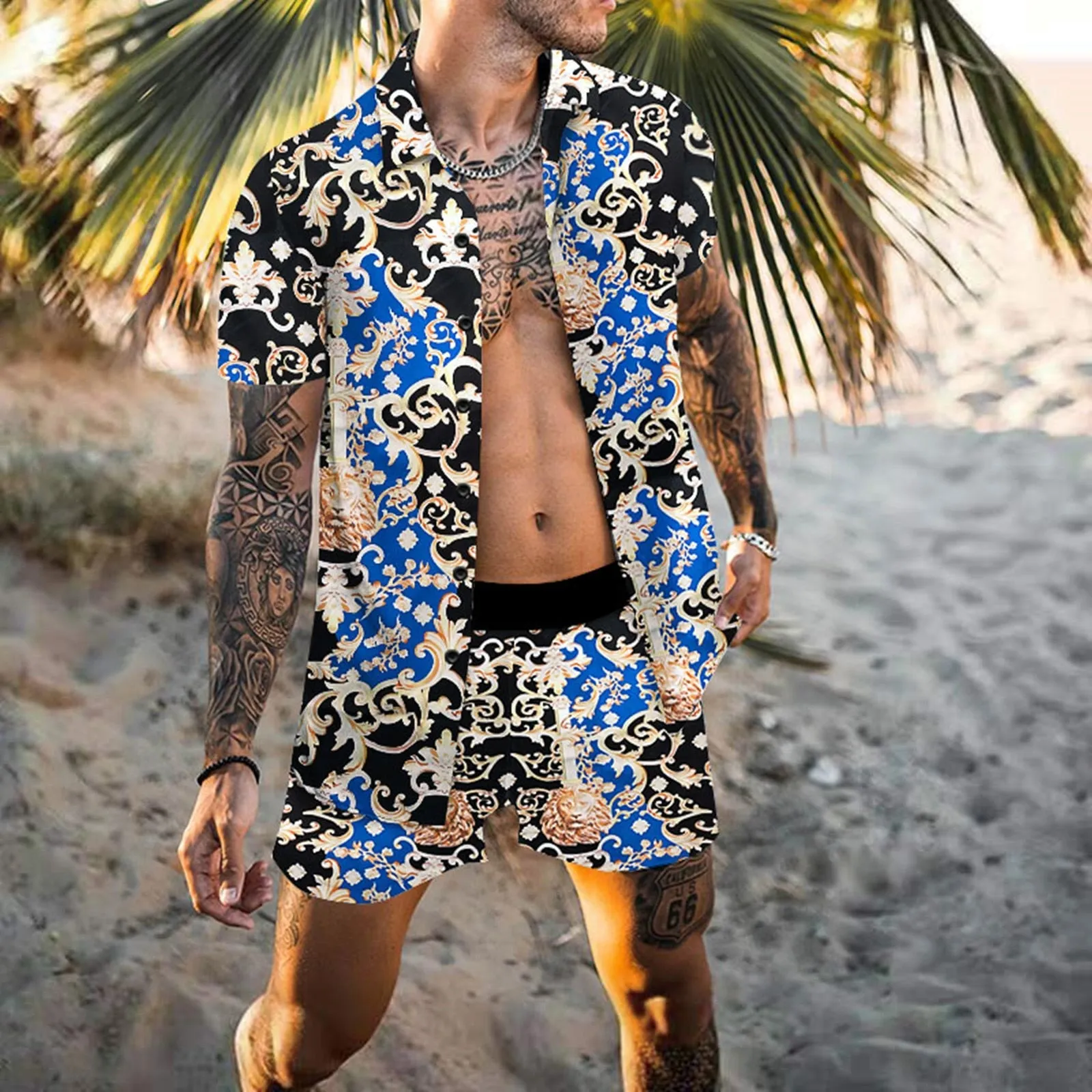 Men's Hawaiian Printed Shirt Elastic Waist Shorts Beachwear Two-Piece Set