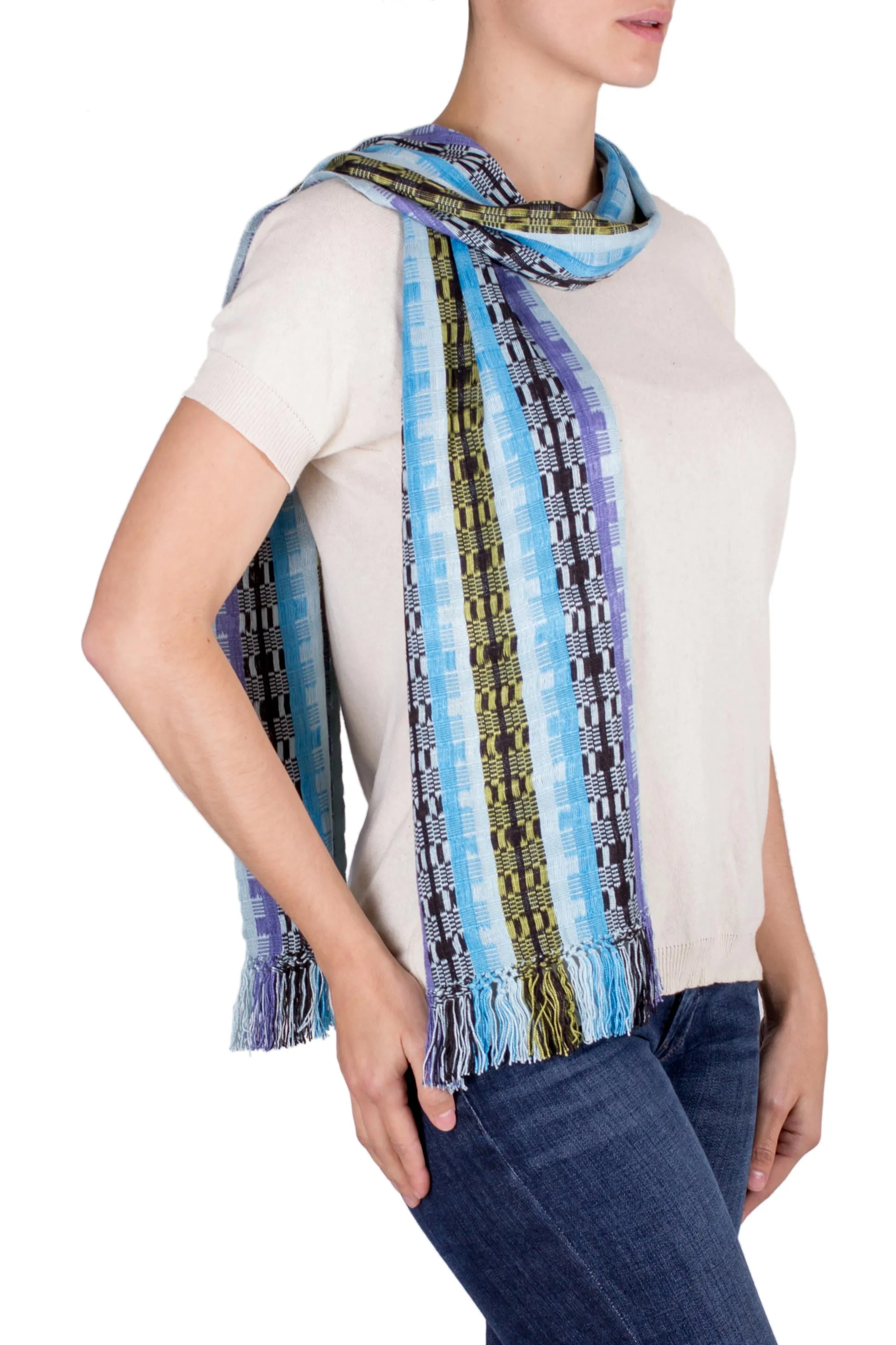 Multicolor Blue Bamboo Hand Woven Rayon Scarf in Shades of Blue and Lilac