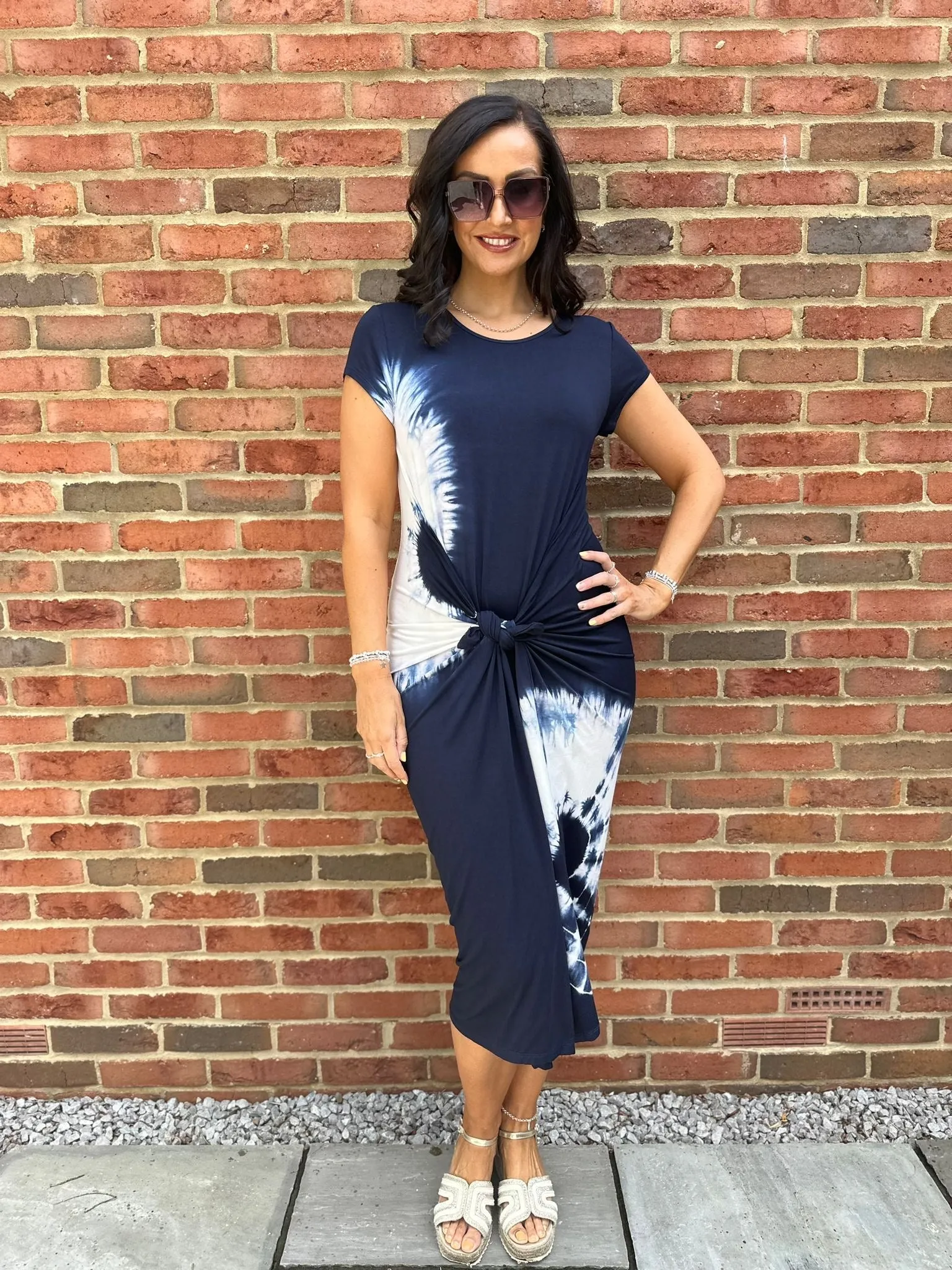 Navy Cap Sleeve Tie Dye Dress Harmony