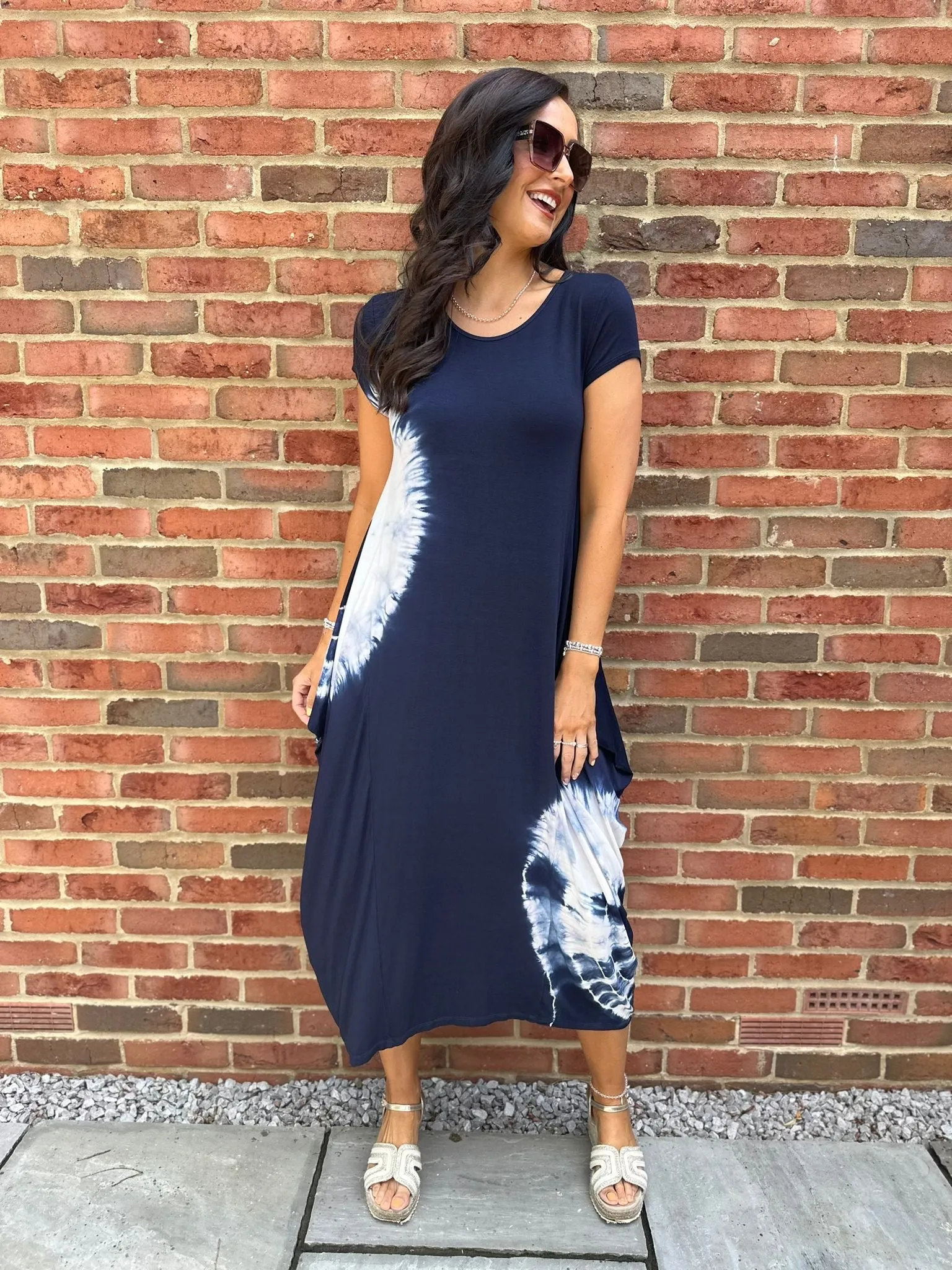 Navy Cap Sleeve Tie Dye Dress Harmony