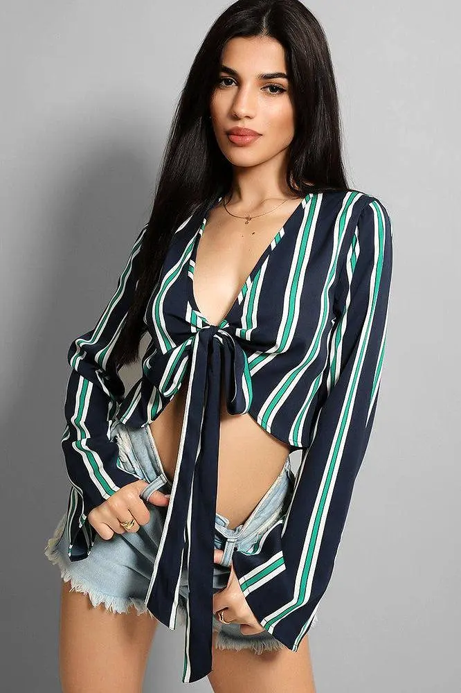 Navy Green Stripe Front Tie-Up Flute Sleeves Top