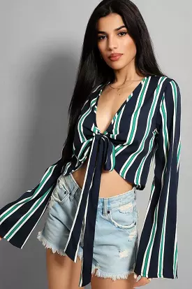 Navy Green Stripe Front Tie-Up Flute Sleeves Top