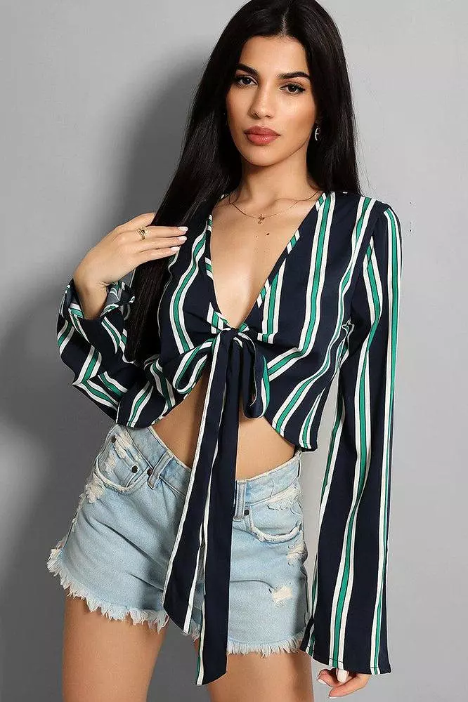 Navy Green Stripe Front Tie-Up Flute Sleeves Top