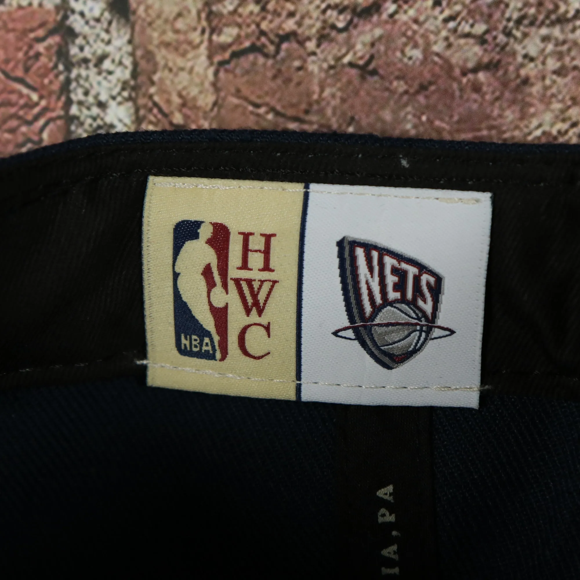 New Jersey Nets Hardwood Classics Jumbotron Nets Ripped Wordmark side patch Grey Bottom Navy/Red Snapback hat | Mitchell and Nes