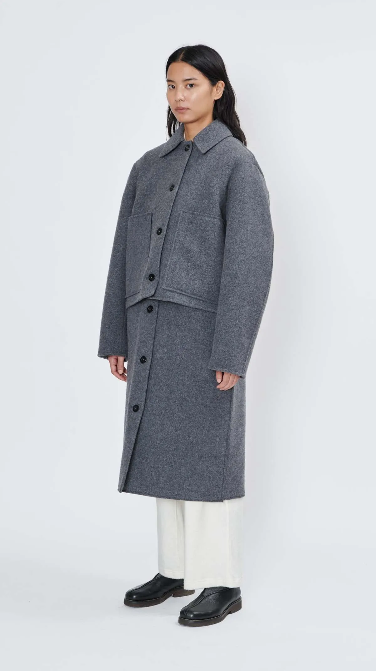 Off Shoulder Washed Wool Inner Coat - Grey