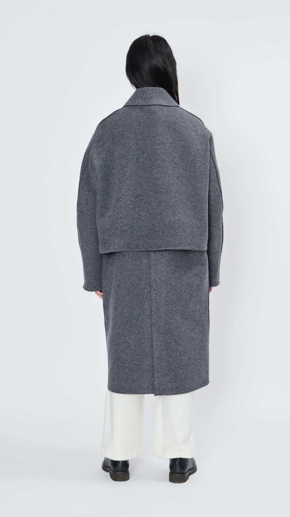 Off Shoulder Washed Wool Inner Coat - Grey