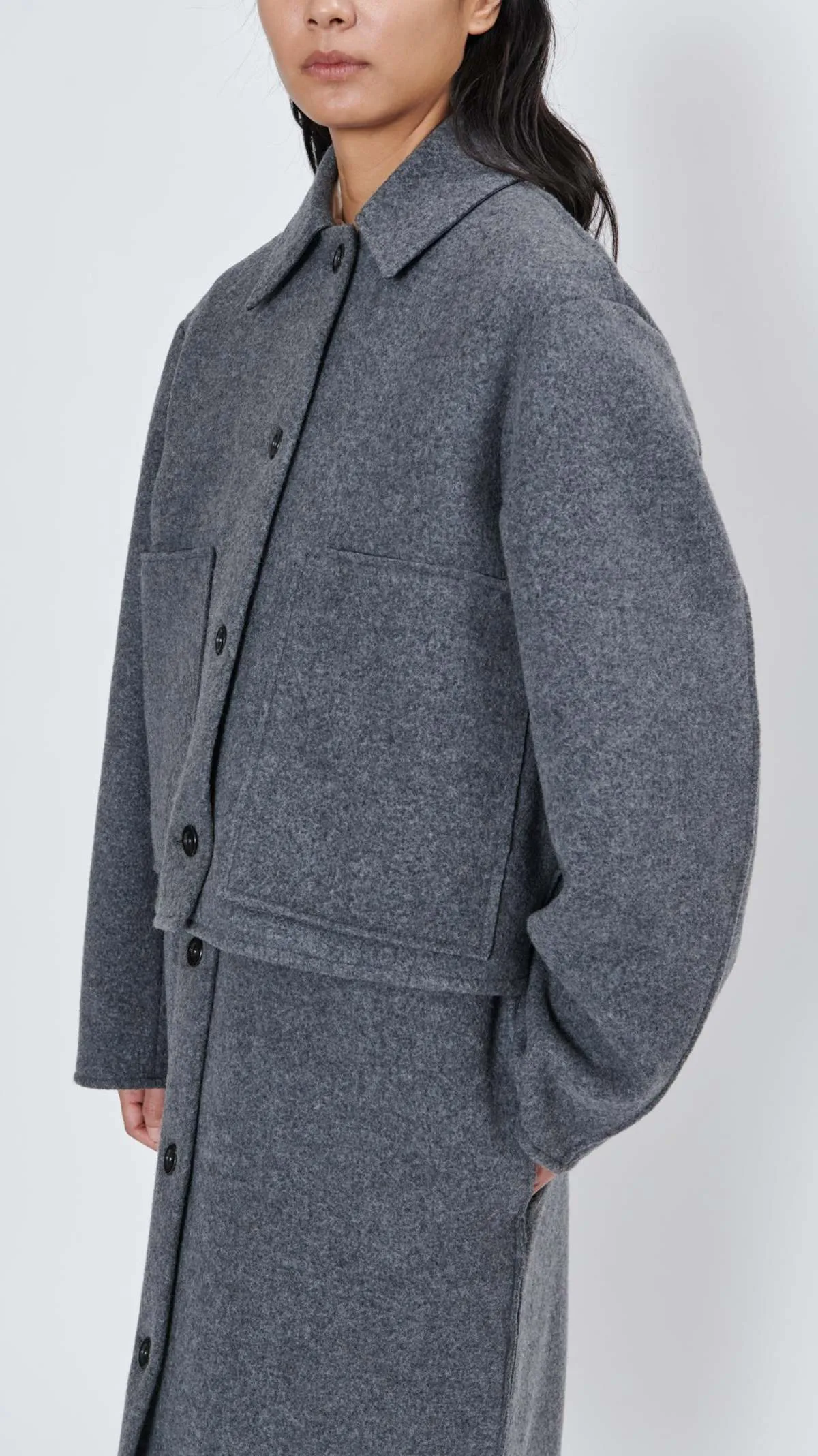 Off Shoulder Washed Wool Inner Coat - Grey