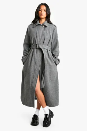 Petite Belted Herringbone Wool Look Coat