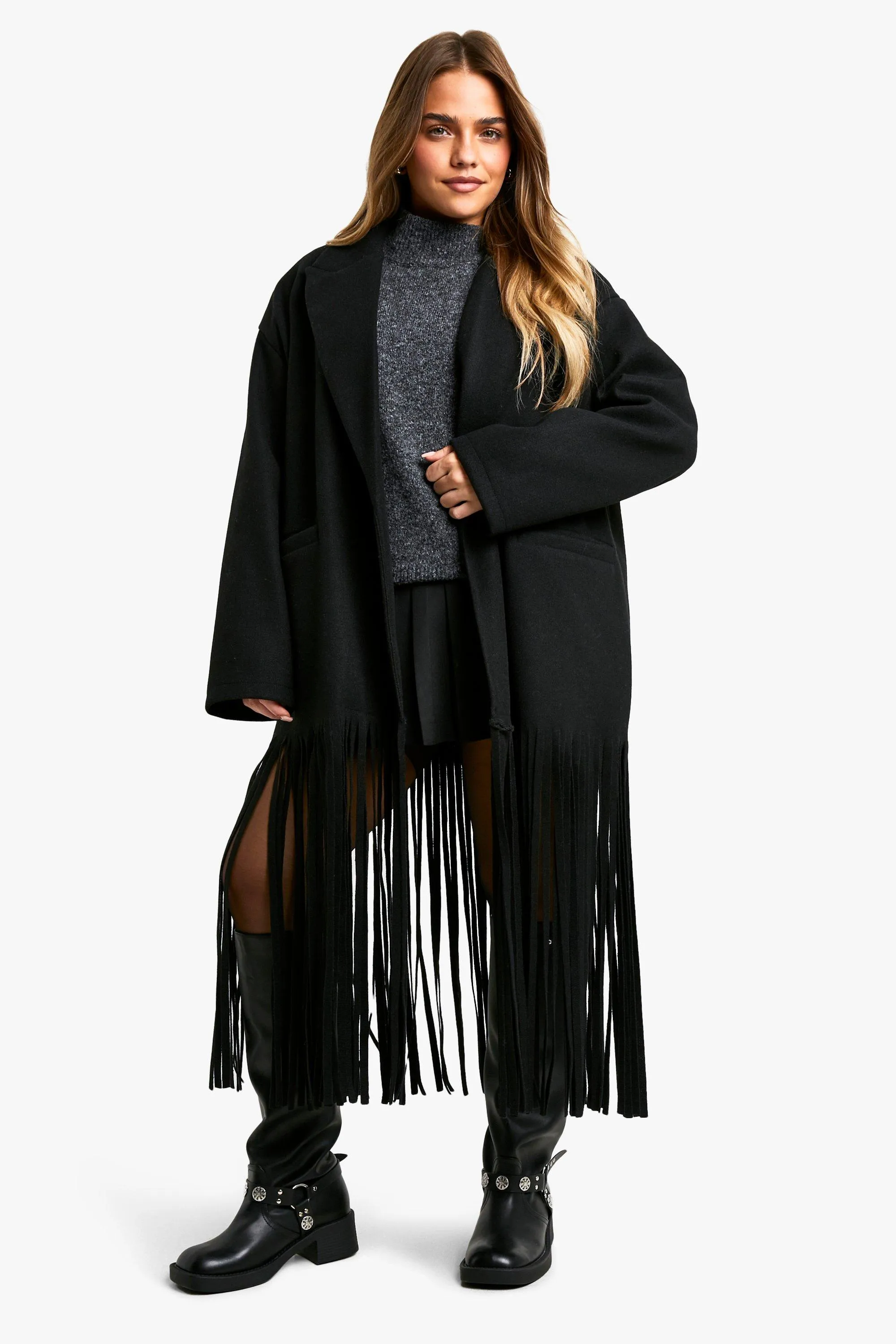 Petite Fringe Detail Wool Look Coat