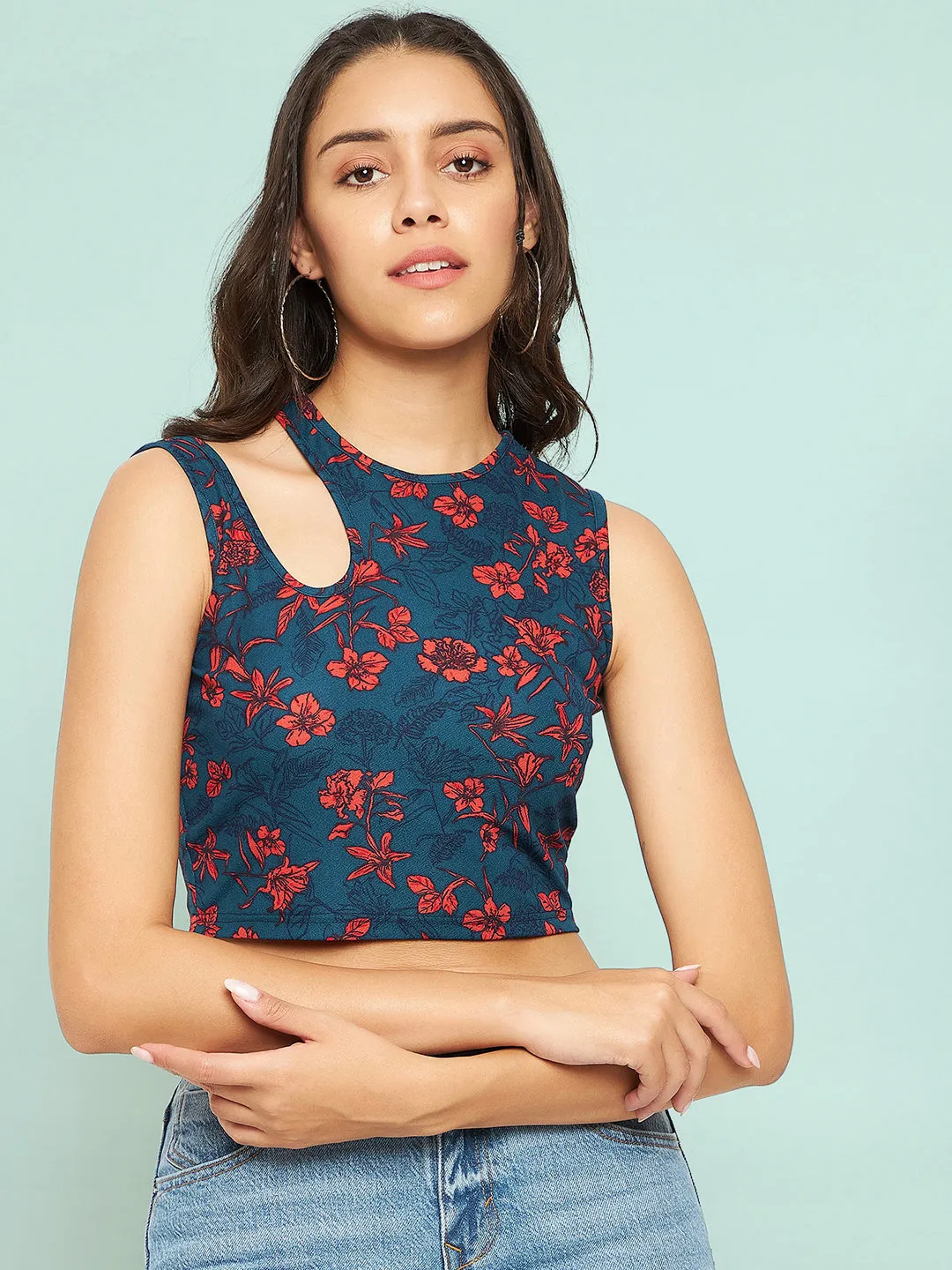 Printed Cotton Stretchable Shoulder Cutout Crop Top