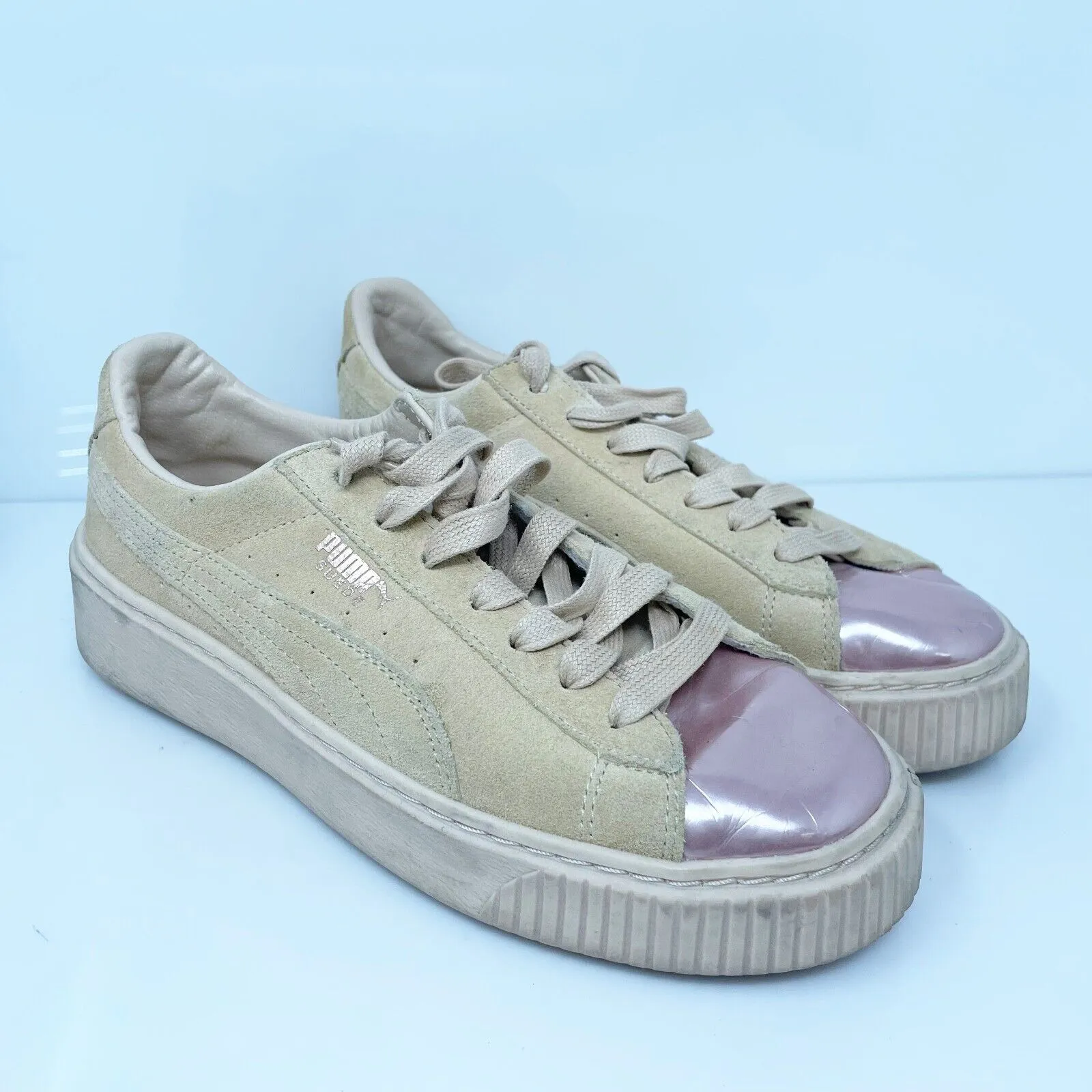 Puma Womens Suede Platform 366382 03 Beige Casual Shoes Sneakers Size 8.5