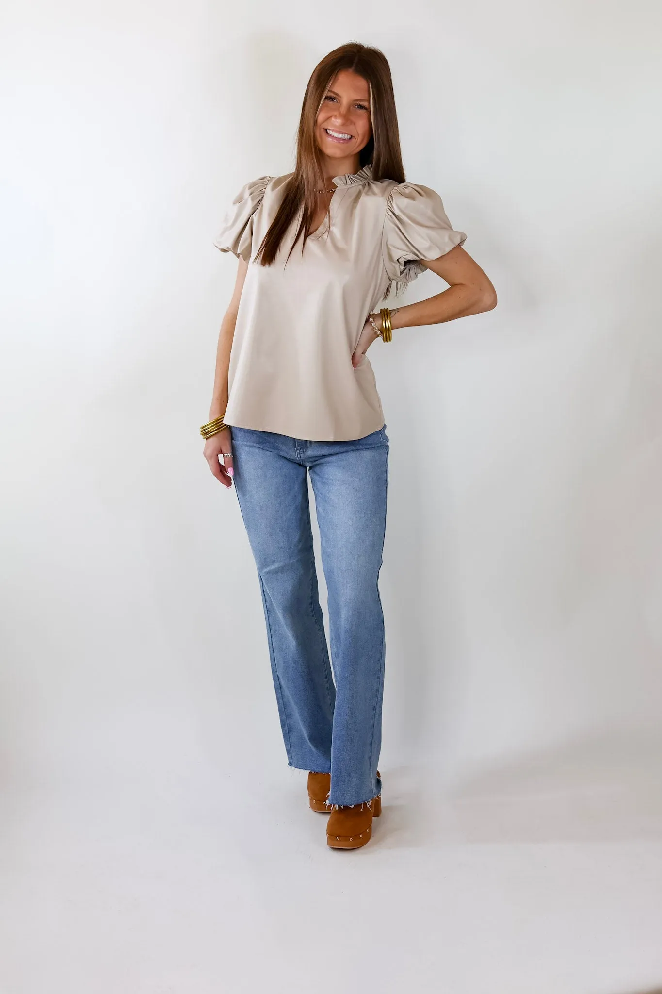 Replay The Night Faux Leather Top with Short Balloon Sleeves in Beige